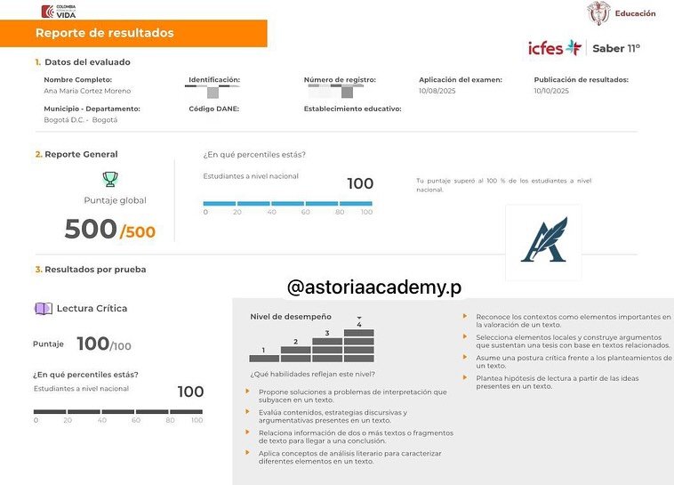 Reporte oficial ICFES de Ana María Cortez Moreno, puntaje global 500 sobre 500 en PreICFES Astoria Academy