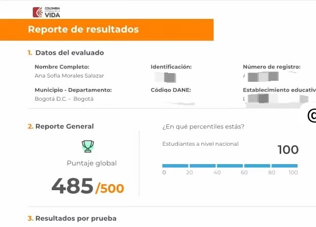 Reporte oficial ICFES de Ana Sofía Morales Salazar, puntaje global 485 sobre 500 en PreICFES Astoria Academy