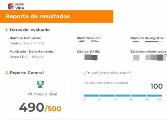 Reporte oficial ICFES de Daniela García Pineda, puntaje global 490 sobre 500 en PreICFES Astoria Academy