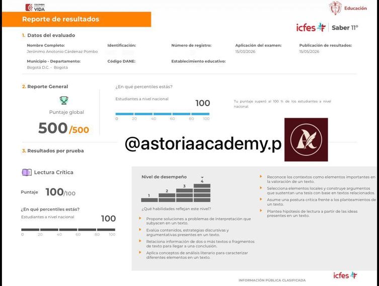 Reporte oficial ICFES de Jerónimo Antonio Cárdenaz Pombo, puntaje global 500 sobre 500 en PreICFES Astoria Academy