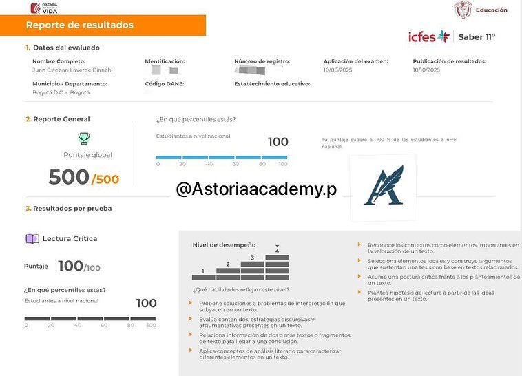Reporte oficial ICFES de Juan Esteban Laverde Bianchi, puntaje global 500 sobre 500 en PreICFES Astoria Academy