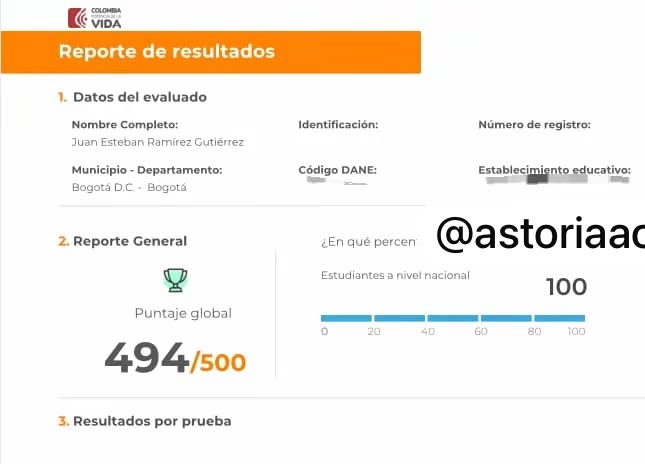Reporte oficial ICFES de Juan Esteban Ramírez Gutiérrez, puntaje global 494 sobre 500 en PreICFES Astoria Academy