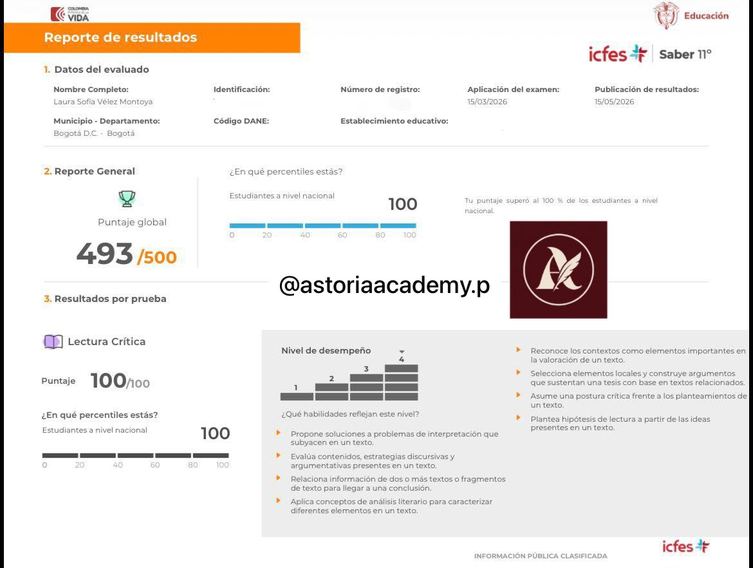 Reporte oficial ICFES de Laura Sofía Vélez Montoya, puntaje global 493 sobre 500 en PreICFES Astoria Academy