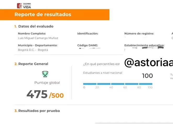 Reporte oficial ICFES de Luis Miguel Camargo Muñoz, puntaje global 475 sobre 500 en PreICFES Astoria Academy