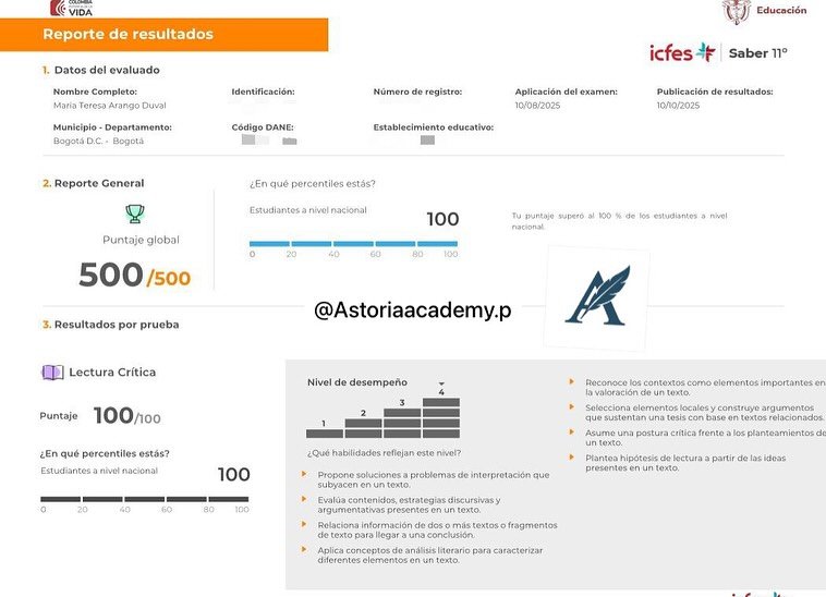 Reporte oficial ICFES de María Teresa Arango Duval, puntaje global 500 sobre 500 en PreICFES Astoria Academy