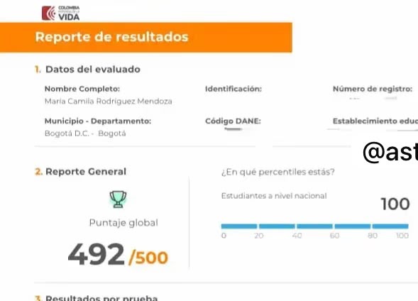 Reporte oficial ICFES de María Camila Rodríguez Mendoza, puntaje global 492 sobre 500 en PreICFES Astoria Academy