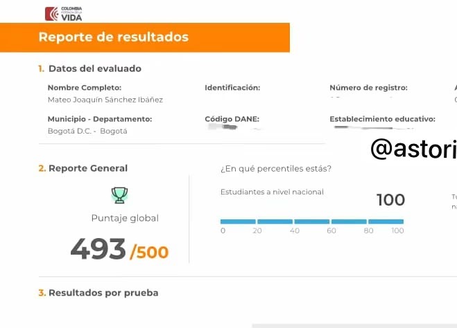 Reporte oficial ICFES de Mateo Joaquín Sánchez Ibáñez, puntaje global 493 sobre 500 en PreICFES Astoria Academy