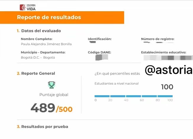 Reporte oficial ICFES de Paula Alejandra Jiménez Bonilla, puntaje global 489 sobre 500 en PreICFES Astoria Academy