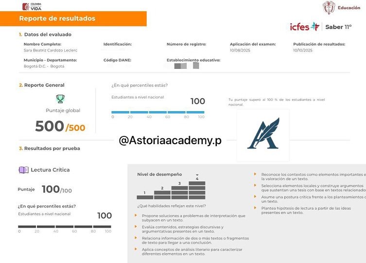 Reporte oficial ICFES de Sara Beatriz Cardozo Leclerc, puntaje global 500 sobre 500 en PreICFES Astoria Academy