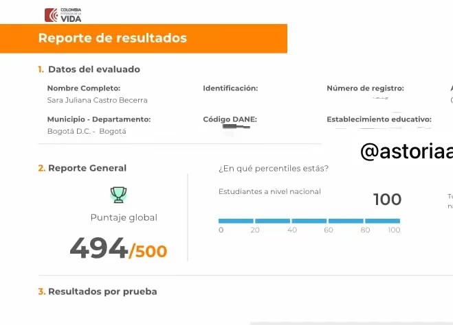Reporte oficial ICFES de Sara Juliana Castro Becerra, puntaje global 494 sobre 500 en PreICFES Astoria Academy