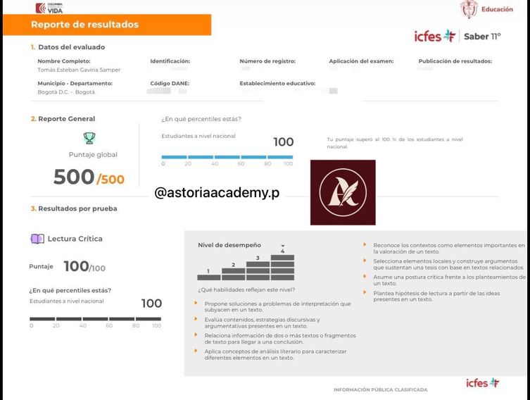 Reporte oficial ICFES de Tomás Esteban Gaviria Samper, puntaje global 500 sobre 500 en PreICFES Astoria Academy